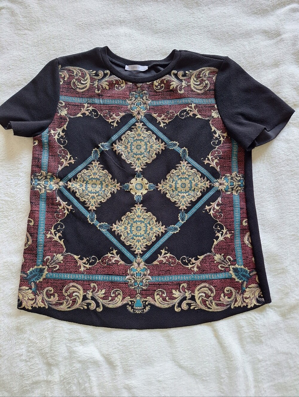 Zara Basic Baroque Scarf Print Textured Short Sleeve Blouse Top Size S